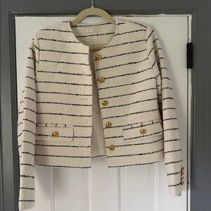 Cream Striped Bomber Jacket with Gold Buttons
